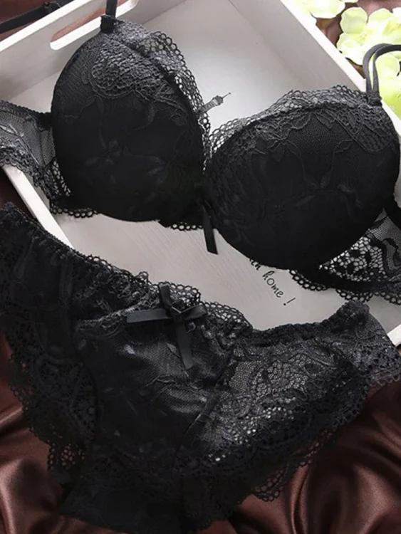 Lace Bra & Panty Set — Embroidered Deep-V Push-Up Lingerie Set