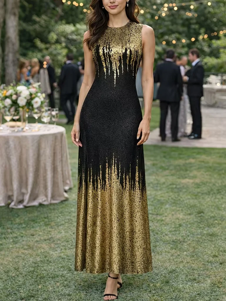 Black & Gold Sequin Mermaid Evening Gown — Sleeveless Floor-Length Formal Dress