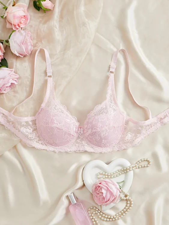 Floral Lace Push-Up Bra — Thin Underwire Cups, Breathable