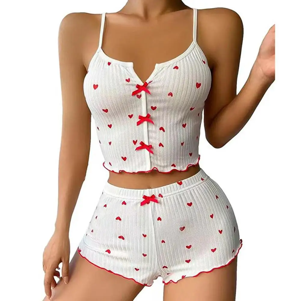 Heart-Print Pajama Set — Bow-Front Cami Top & Shorts